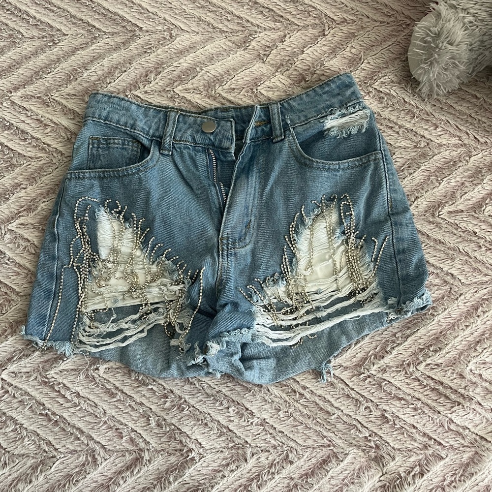 SHEIN Blue Jean Shorts with Distressed Hem